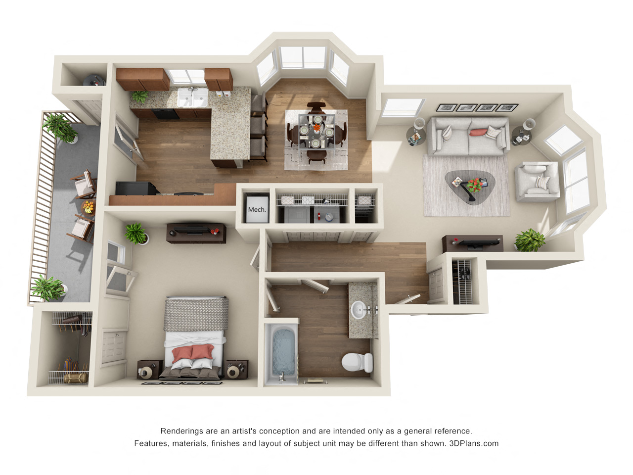 Floor plan for 1 bed, 1 bath, 932 sqft
